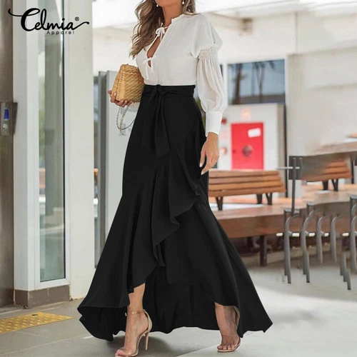 Bohemian Gypsy Damen langer Maxirock lässig Sommer Schlitz Strand Wickel Sommerkleid - Bild 9 von 20