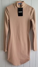 Missquided Woman’s Bodycon Dress High Neck Color Nude Beige Stretch Taupe sz 2