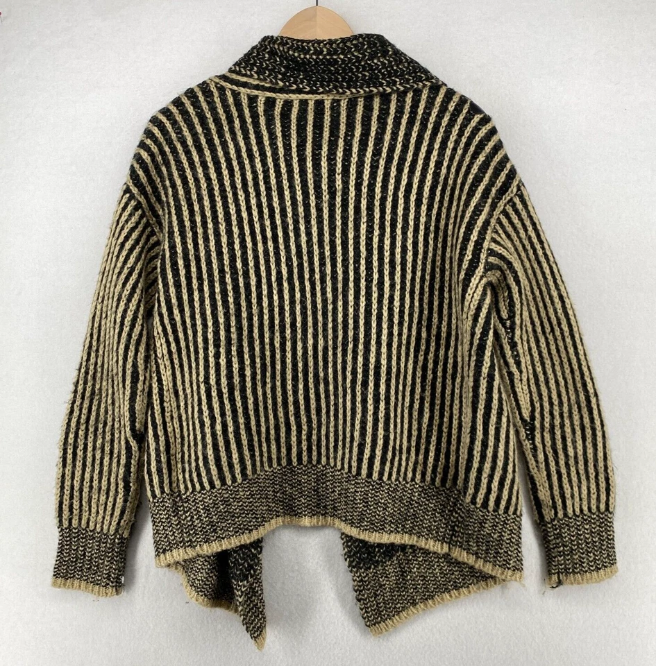 FRESH PRODUCE Sweater L Chunky Striped Cardigan Wrap Moto Beige Black - Image 3 of 4