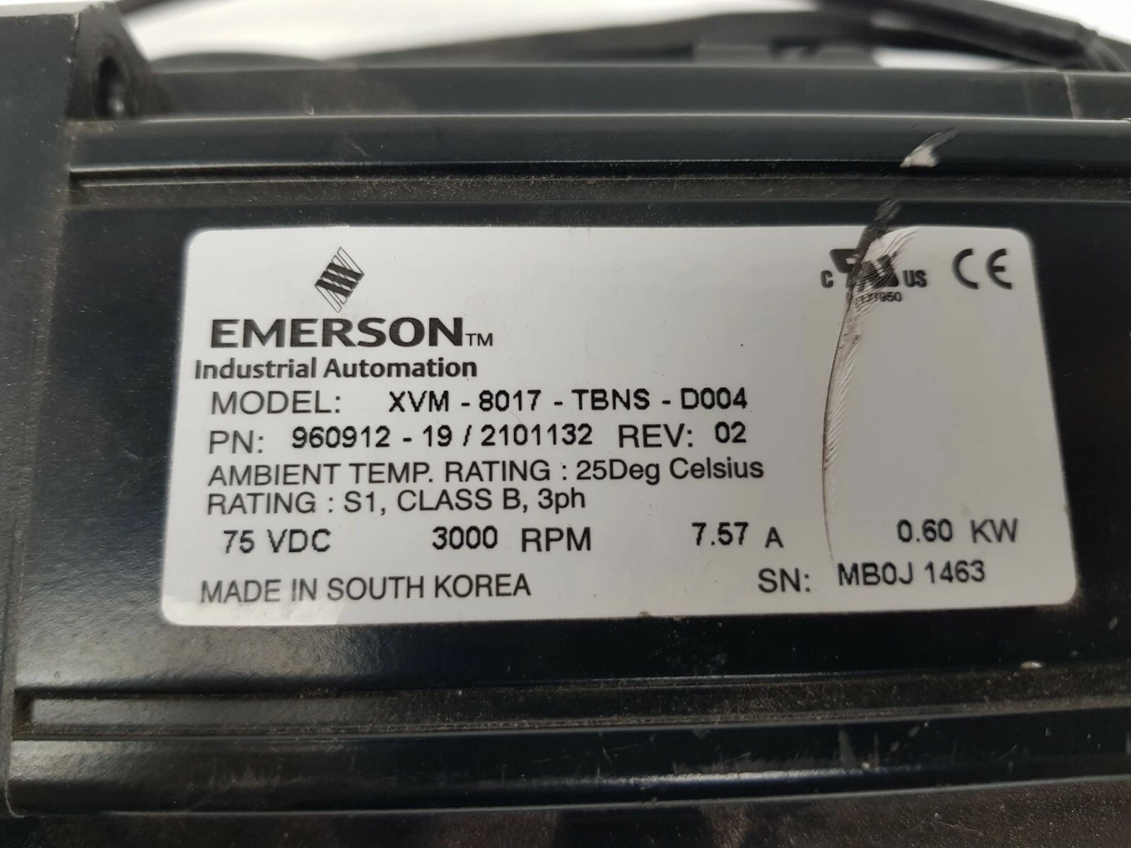 Emerson nameplate: XVM-8017-TBNS-D004, PN 960912-19 / 2101132 Rev 02, 75 VDC, 3000 rpm, 0.60 kW