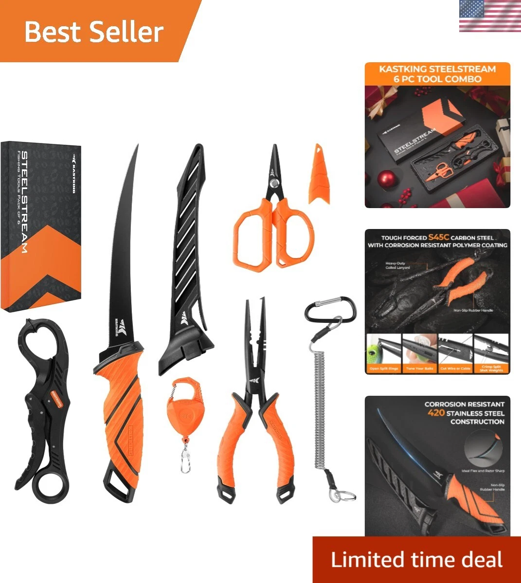 SteelStream 6pc Fishing Essentials with Floating Gripper & Razor-Sharp Knife