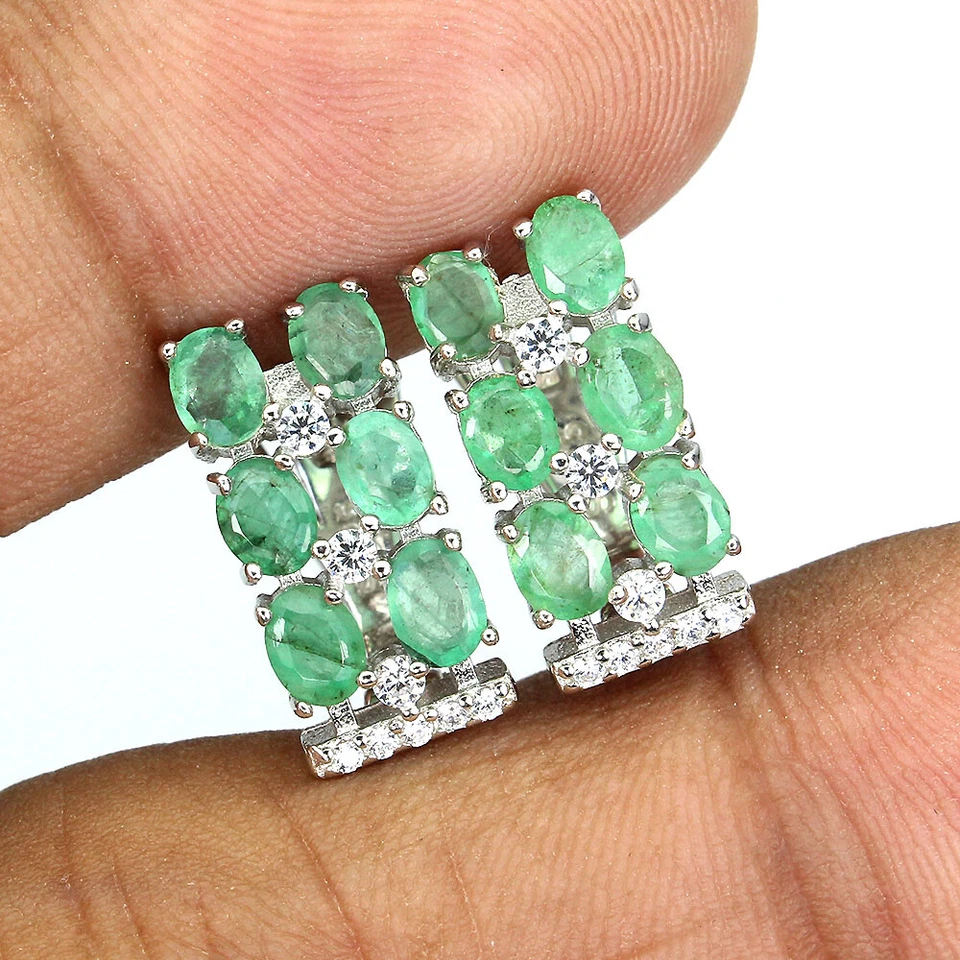 925 Sterling Silver Earrings Oval Emerald Jewelry Gemstone Jewelry - Image 2 of 4
