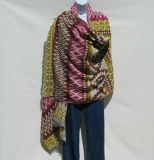 Yak Wool Blend Kashmir Shawl/Throw Handloomed Reversal Coral/Wine/Gold/Pearl
