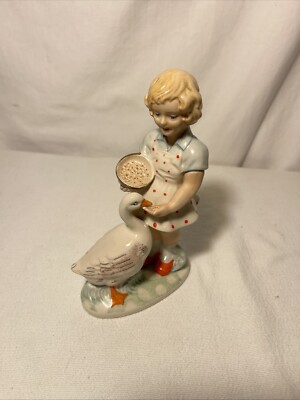 Vintage Antique ARPO Made in Romania Girl Feeding Duck Goose Figurine