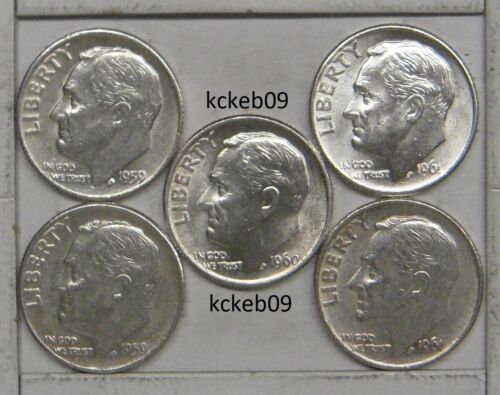 Roosevelt dime lot of 5, 1959-D, 1959-P, 1960-P, 1961-D, 1961-P. 90% silver.