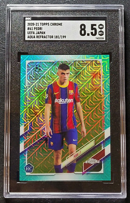 2020 Topps Chrome UEFA #61 PEDRI #/199 ROOKIE RC SP Japan Aqua Refractor SGC 8.5