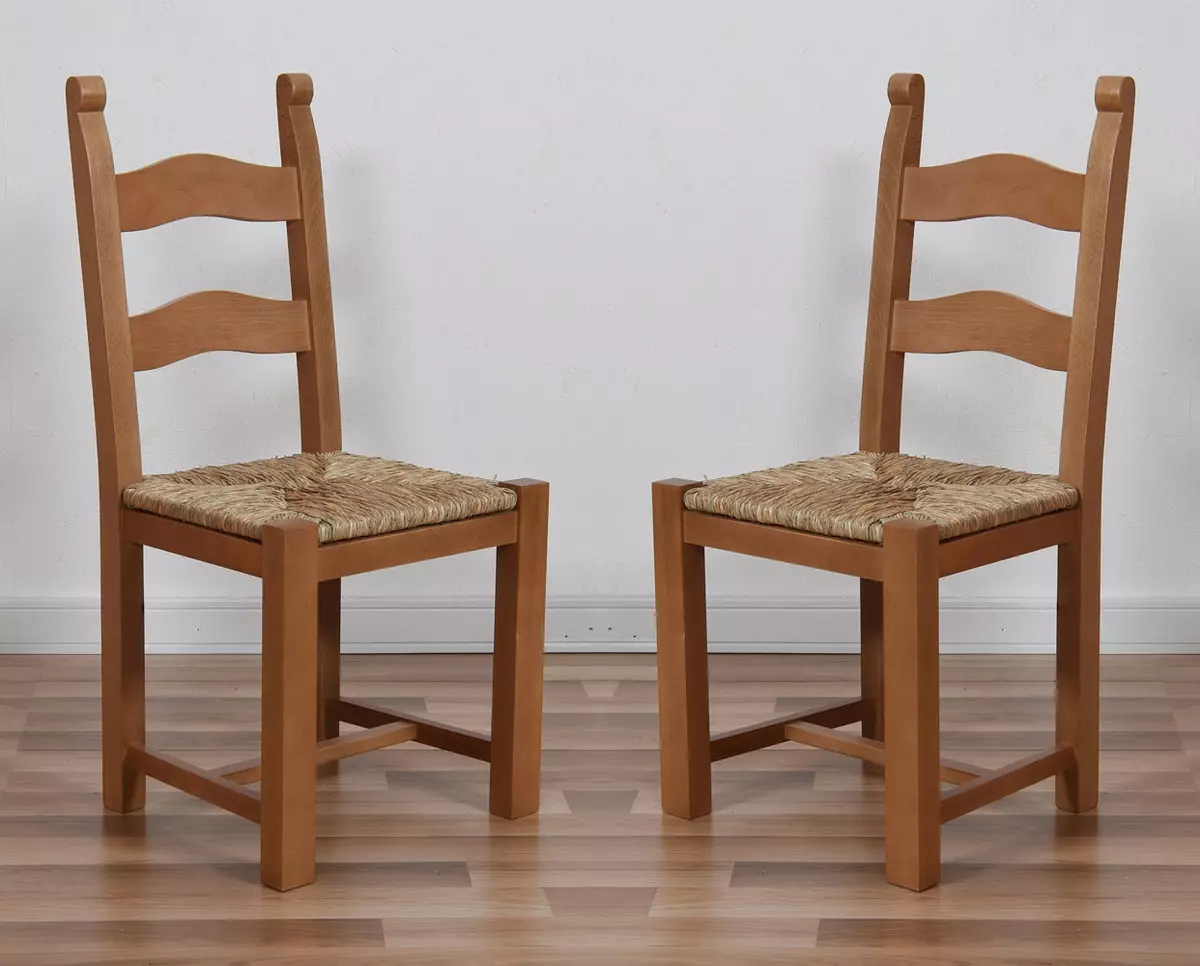 Set of 2 Beech Breton Ladder back Chairs with Rush Seats Dark Honey Lacquer