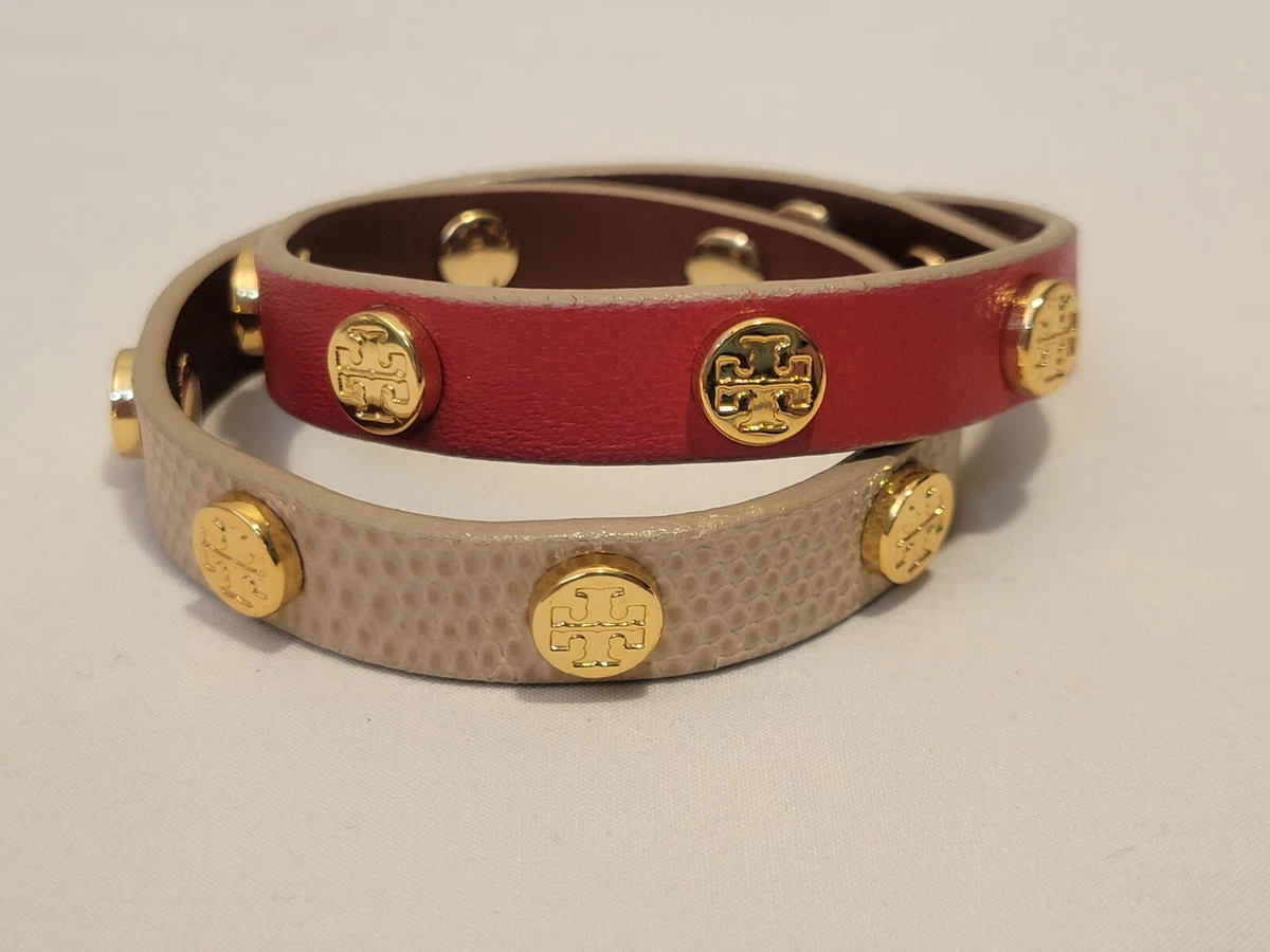 Tory Burch Leather Gold Stud Logo Double Wrap Bracelet Red Cream