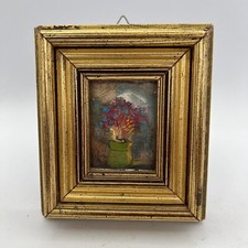 Quadretto antico miniatura ad olio dipinto di fiori cornice in legno dorato 
