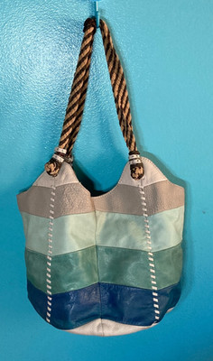 The Sak Patchwork Leather Shoulder Bag Braided Straps Blue Hobo Tote