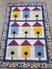 Quilted Wall Hanging Handmade Bird Houses Cottage Core Granny Core 56 X 39