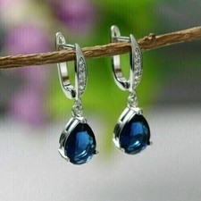 2Ct Pear Cut Lab Created Blue Sapphire Drop Dangle Earring 14K White Gold Plated