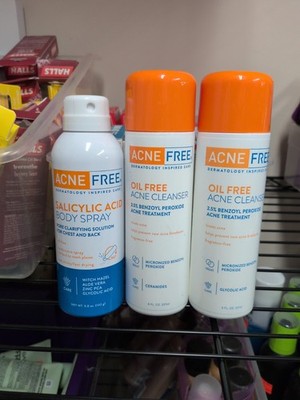 2 AcneFree Oil Free Acne Cream Cleanser 2.5% Benzoyl Peroxide 8 oz + Body Spray 