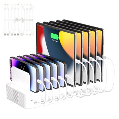 100W Charging Station for Multiple Devices, 10-Port USB Fast White 