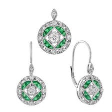 14K White Gold Emerald Diamond Art Deco Geometric Pendant Earrings Set