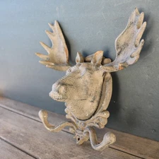 Vintage Cast Iron Moose Head Wall Hook Rustic Lodge Cabin Decor Antler Coat Rack