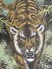 Oriental Painting on Silk Growling Stalking TIGER Stamp Mark Custom Frame 15x41
