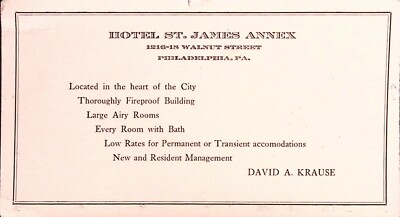 Hotel St. James Annex Trade Card 1216 Walnut St Philadelphia PA David A Krause