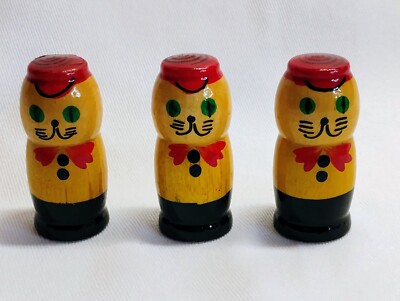 Vintage Russian Wooden Folk Craft Matryoshka Cat- Qty 3 Red Cap/Bow Kittens Only