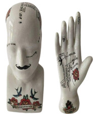 Porcelain Tattoo design phrenology ceramic 6 inch Head with 7 inch Hand
