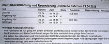 DB Deutsche Bahn Ticket von Ulm nach Göttingen über A, WÜ,FD, KS. am 23.4.25