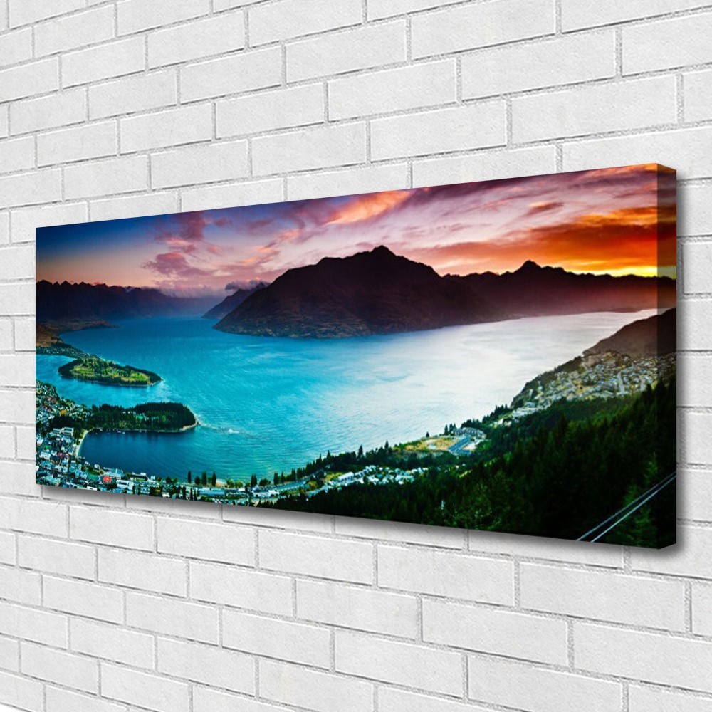 Tableau paysage de fjord et montagnes 125x50cm | Impression sur toile panoramique pour salon