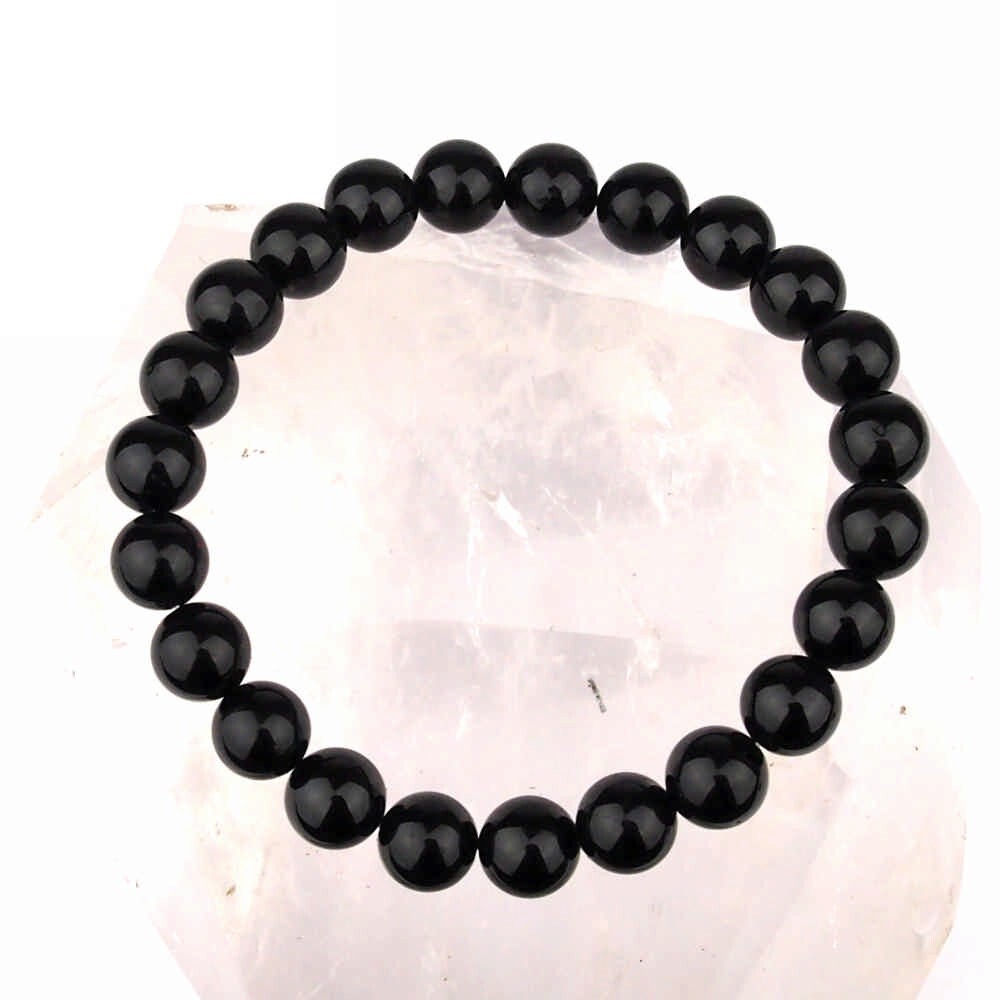 Turmalin schwarz | Schörl Ø 8 mm Kugel Edelstein Armband flexibel und dehnbar