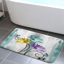Rustic Farmhouse Bath Mat, Farm Cyan Daisy Floral Flowers Butterfly Country W...