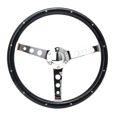 380mm Wooden Steering Wheel 15'' Round Hole Chrome Spoke 5cm Deep Dish with Rivet