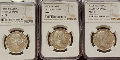 LOT OF 3 COINS 1903 B INCUSE INDIA COMPANY RUPEE NGC MS62