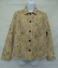 Chico s Women s Beige Ornament Print Button Front Jacket Cotton Blend Sz 1