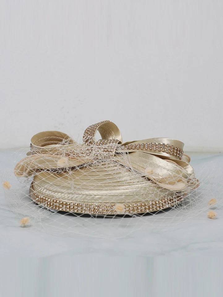 Champagne Fascinator Top Hat For Women Derby Tea Dess Pillbox Hats With Bow Veil - Image 4 of 4