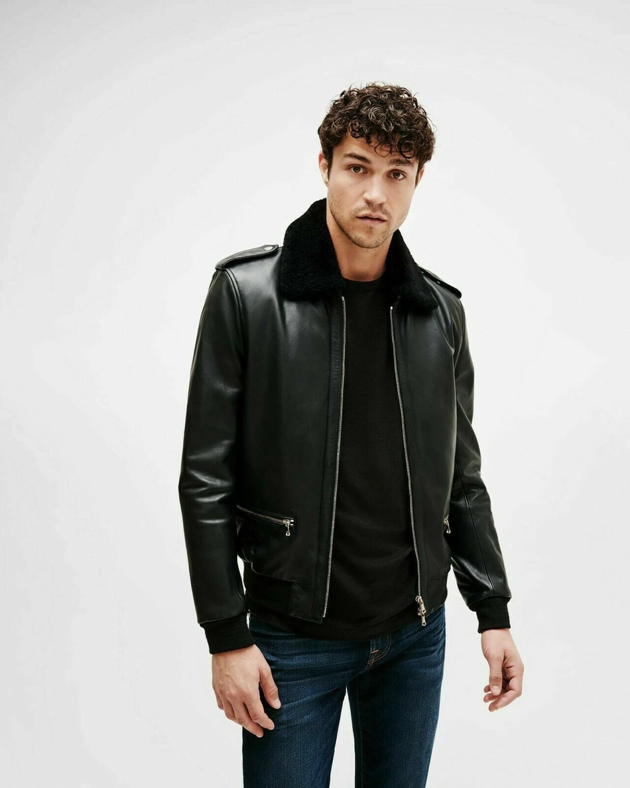 Men's Black Leather Jacket Lambskin Flight/Bomber Fur Collar S M L XL XXL - 141