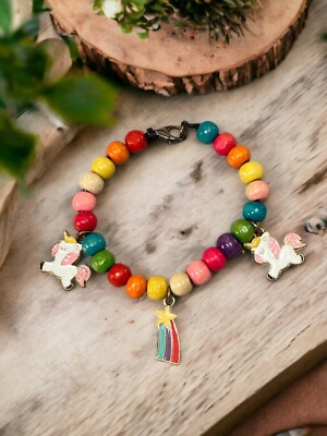 Kinder Armband Kinder Mädchen Holzperlen Einhorn Stern Wolke mit Karabinerverschluss