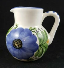 Ceramic Hand-painted Pitcher Blue Flower Green White Milk Juice Vintage