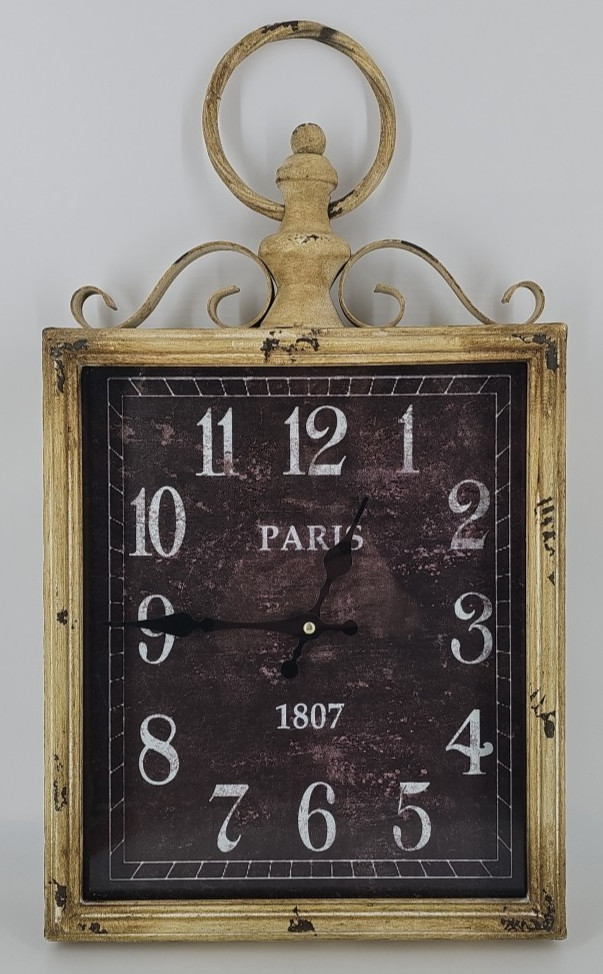 Large Vintage Paris Wall Clock 1807 — Rectangular Distressed Gold Frame