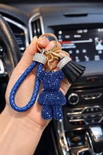 Rhinestone Bear Keychain Blue Crystal Braided Strap Tassel Bag Charm Gold Clip