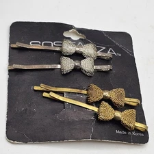 Sostanza Hair Clips Barrette NOS Gold And Silver Tone Mesh Bows Vintage Estate 