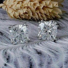 925 Silver Cushion Shape 6.00Cts. Certified White Diamond Studs - Tariffs Free