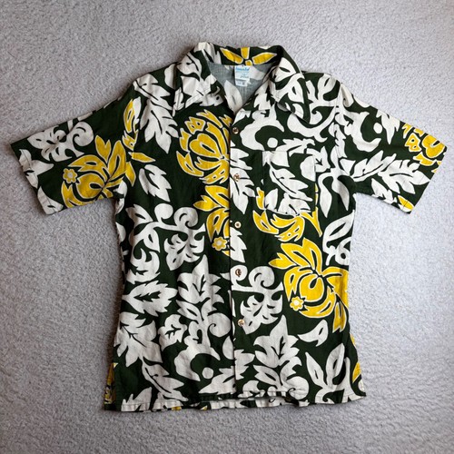 60s 70s Kona Kai Jantzen Hawaiian Shirt Mens Medium Green Yellow Floral USA Made