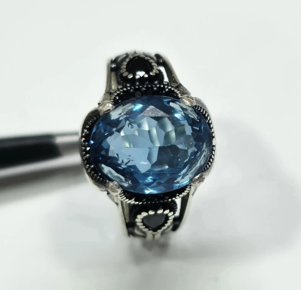 Schöne Ring Damen Silberring 5.670 Gramm Natürlich Blau Topas Edelstein 9 US