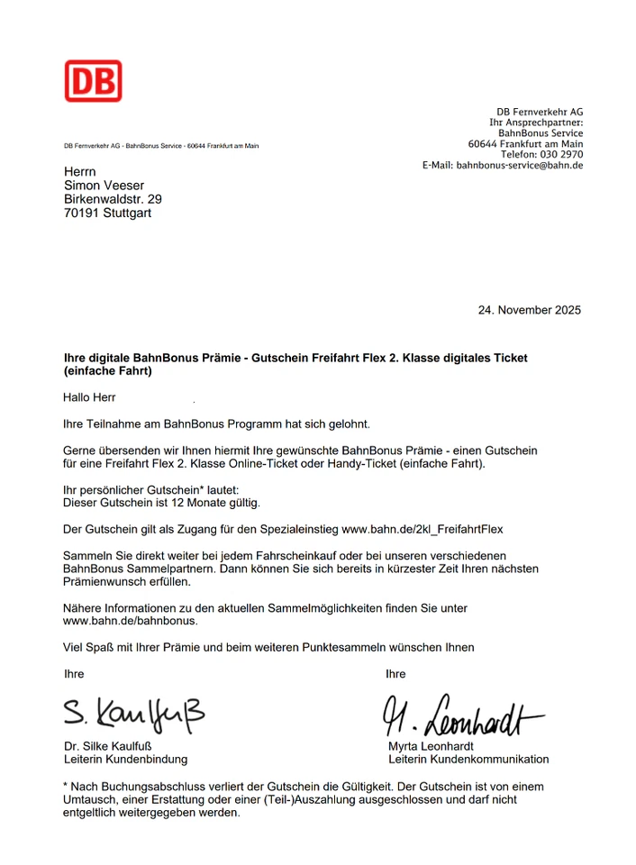 DB Bahn Freifahrt einfache Fahrt, eToken, ICE Ticket, digitaler Versand