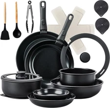 23-Piece Kitchen Nonstick Cookware Set with Detachable Handles, Saucepans Black