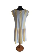 Vintage Laura Ashley 80s Dress in 1920s Style Drop Waist Yellow Grey Medium