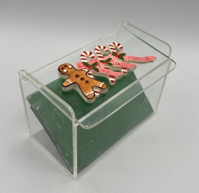 VTG Clear Acrylic Recipe Box, A Taste of Christmas, Gingerbread Man Candy Canes