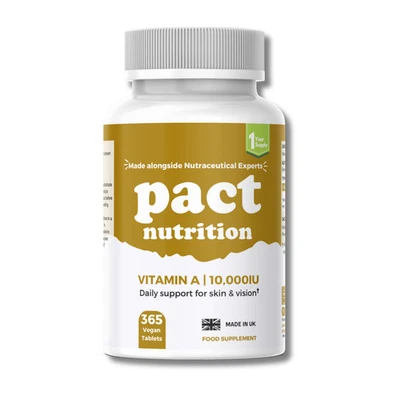 PACT NUTRITION Vitamin A Tablets 10000IU Retinol Supplement 365 Vegan Tablets - Skin Eye Health