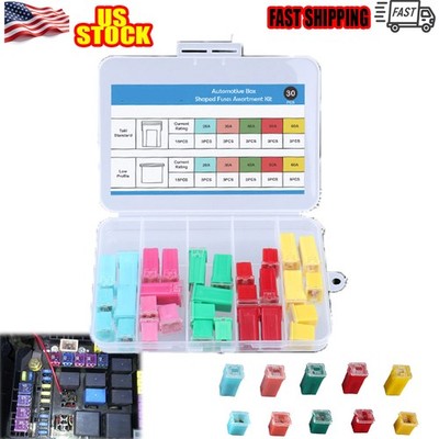 30Pcs Tall & Low Profile Box Shaped Car Fuses Assortment Kit 20A 30A 40A 50A 60A