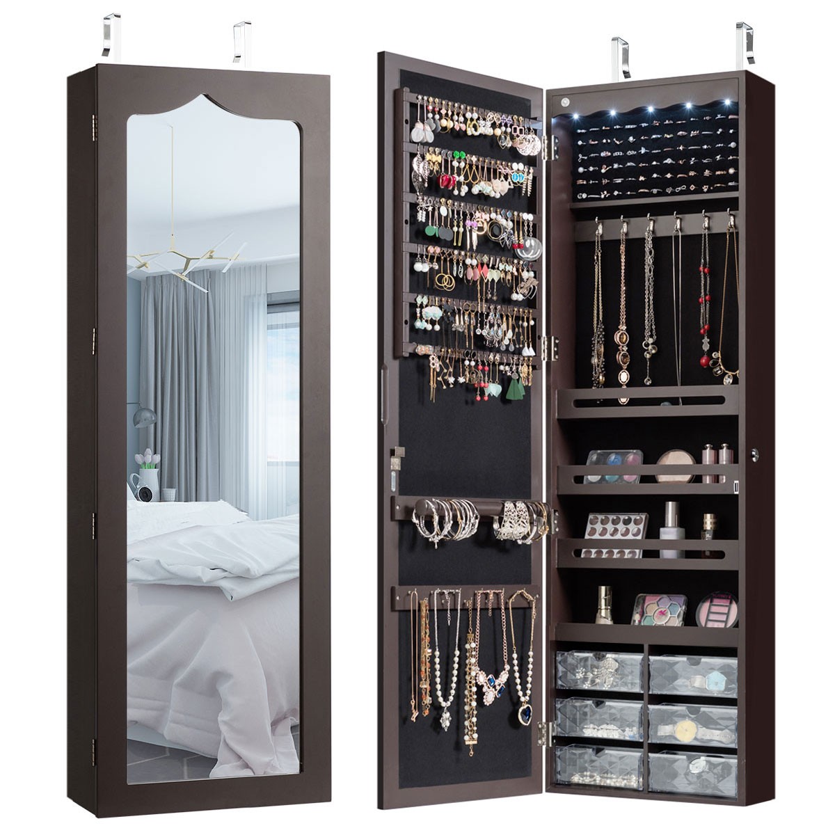 Wall Door Mounted LED Mirror Jewelry Cabinet Armoire Organiz
