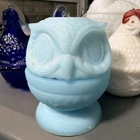 Vintage Fenton Blue Satin OWL FAIRY LAMP Art Glass Candle Holder
