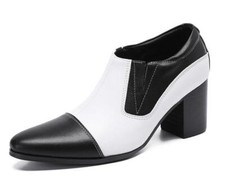 Men's Fashion Pointy Toe Color Matching Leather Shoes Party Block High Heels